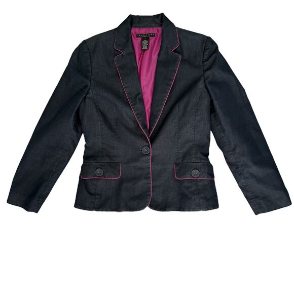 Vtg Apostrophe Blazer Skirt Suit Women Sz 8 Dark Blue Hot Pink Office 90s Work - Picture 14 of 16